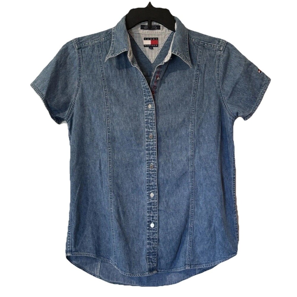 Vintage Tommy Hilfiger Denim Shirt Womens 10 Embroidered Logo Short Sleeve Y2K